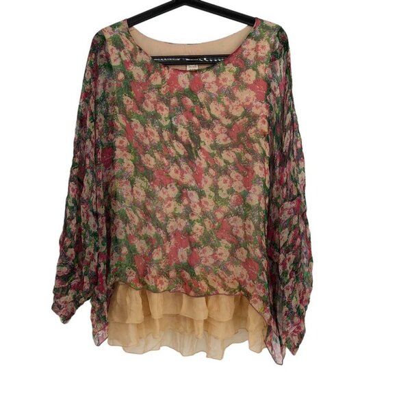 Sundance Floral 100% Silk Tiered Oversized Flowy Breezy Semi Sheer Top/Blouse XS - Picture 2 of 16